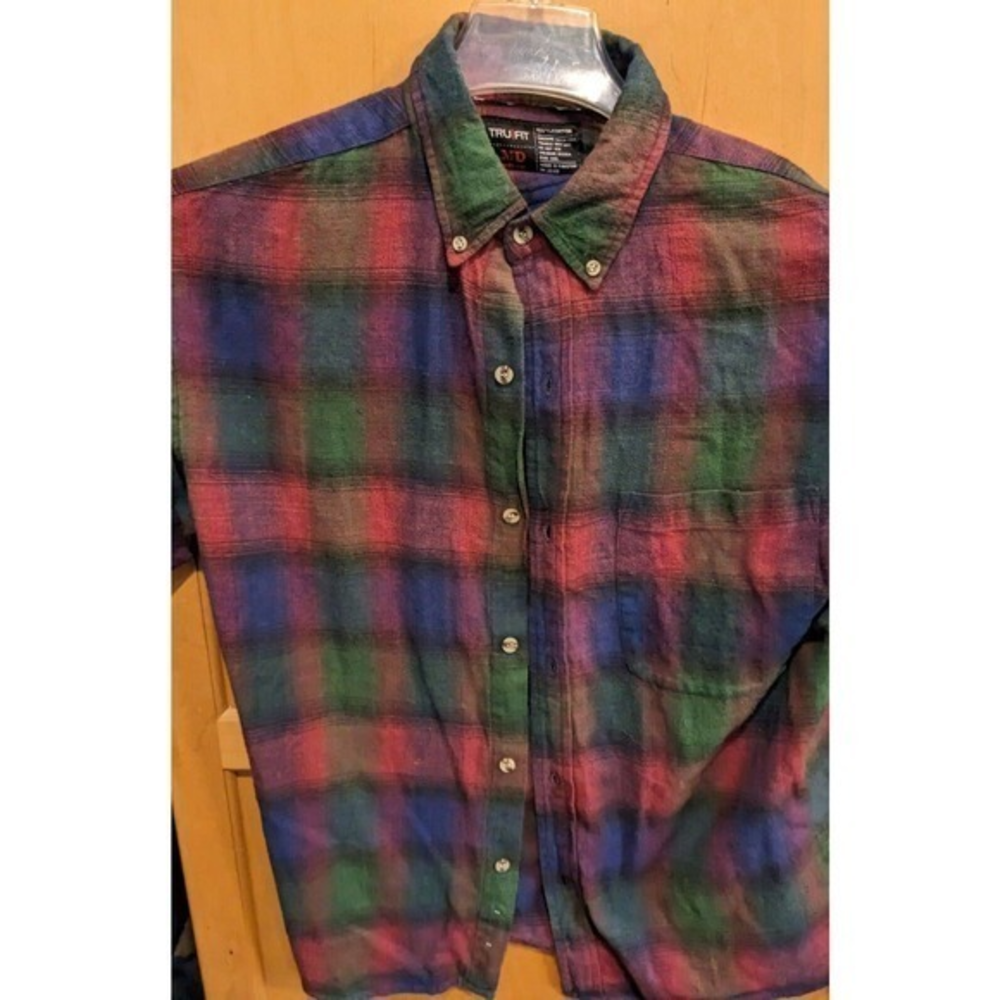 Tru Fit Shirt Mens medium Flannel rainbow Plaid Long‎ Sleeve Soft Cotton